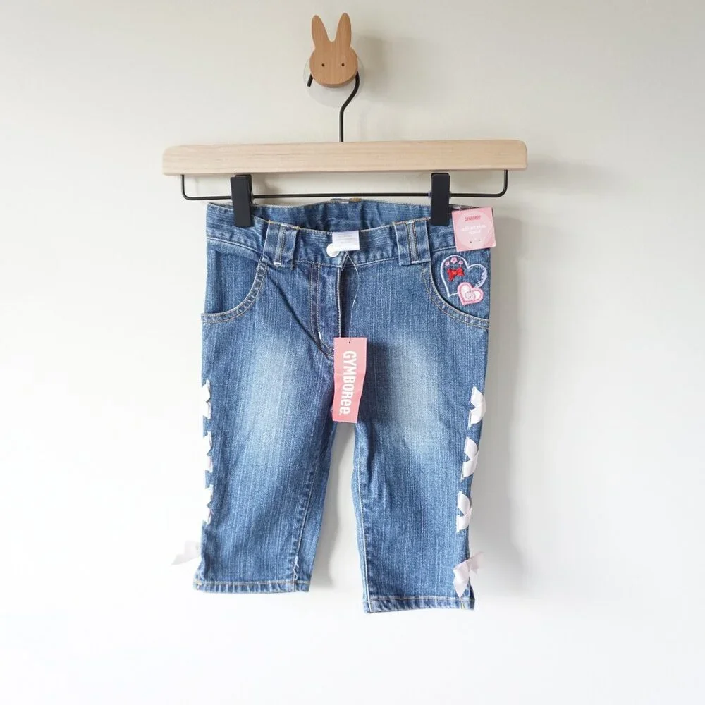 NEW Gymboree Y2K Embroidered Heart Denim Capri Jeans Ribbon Accent Blue Girls‎ 4